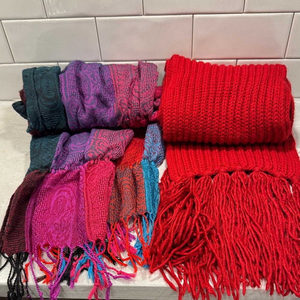 Winter Scarves | Red Chunky Ribbed Knit & Jewel Tone Paisley Pashmina | 70”
Item